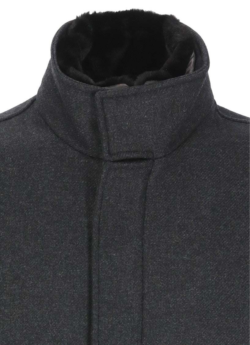 Herno High Neck Grey Wool Coat With Zip And Button Fastening