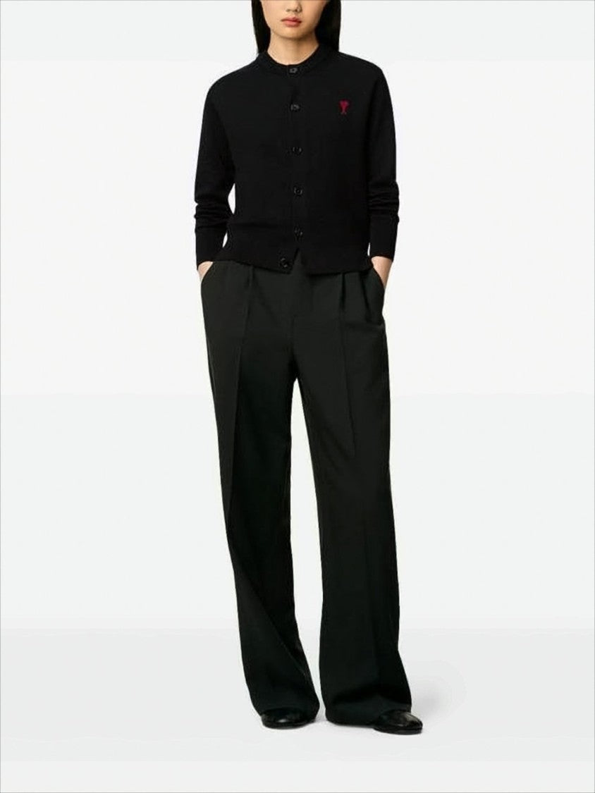 Ami Paris Cropped Black Wool Cardigan With Round Neckline