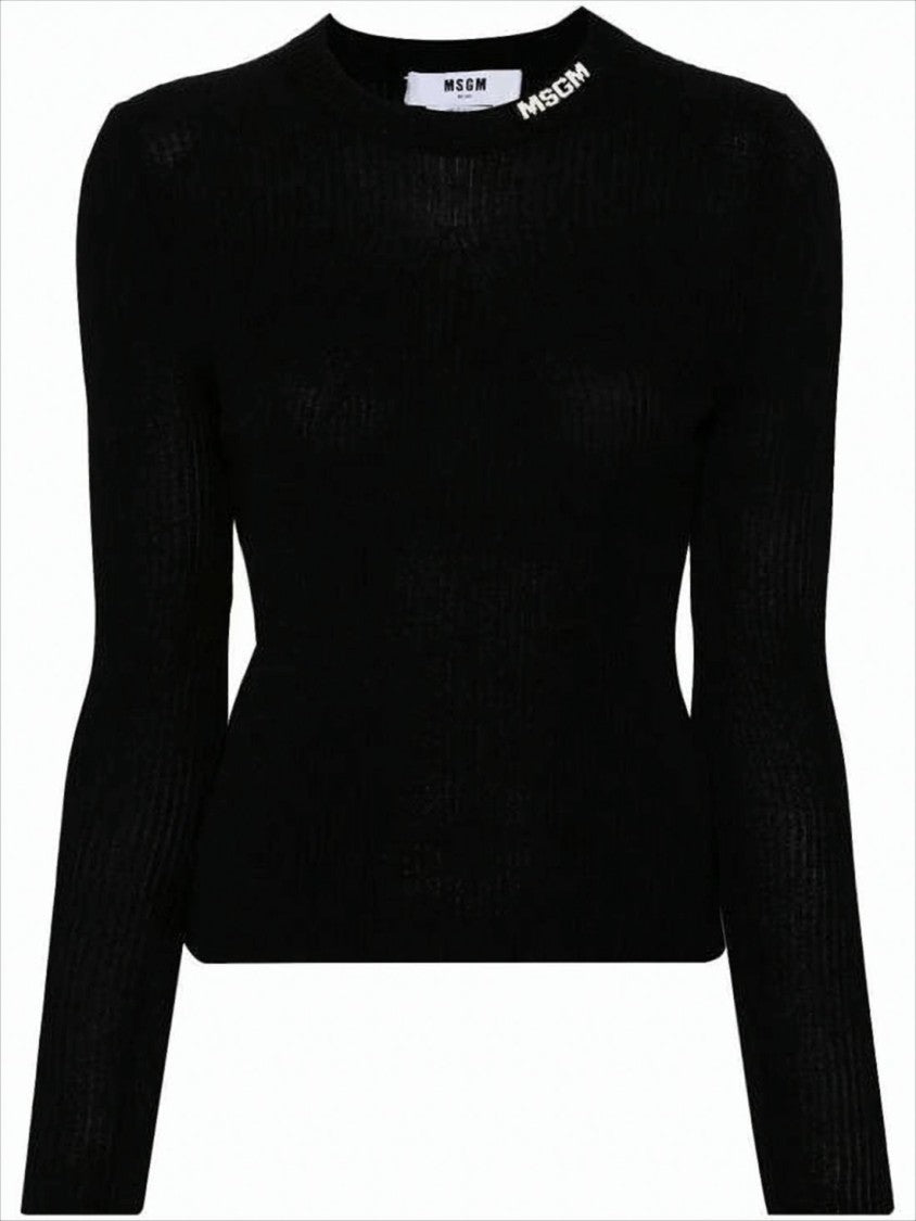 Msgm Ribbed High Neck Sweater With Logo Detail
