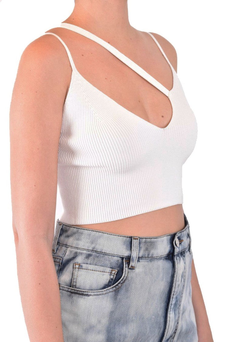 Laneus Asymmetrical Neckline Ribbed Knit Top Laneus
