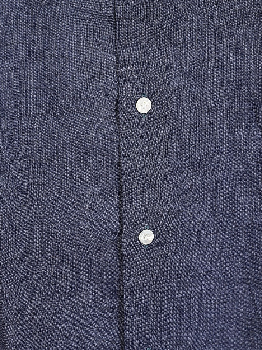 Barba Napoli Navy Blue Linen Neck Shirt With Spread Collar
