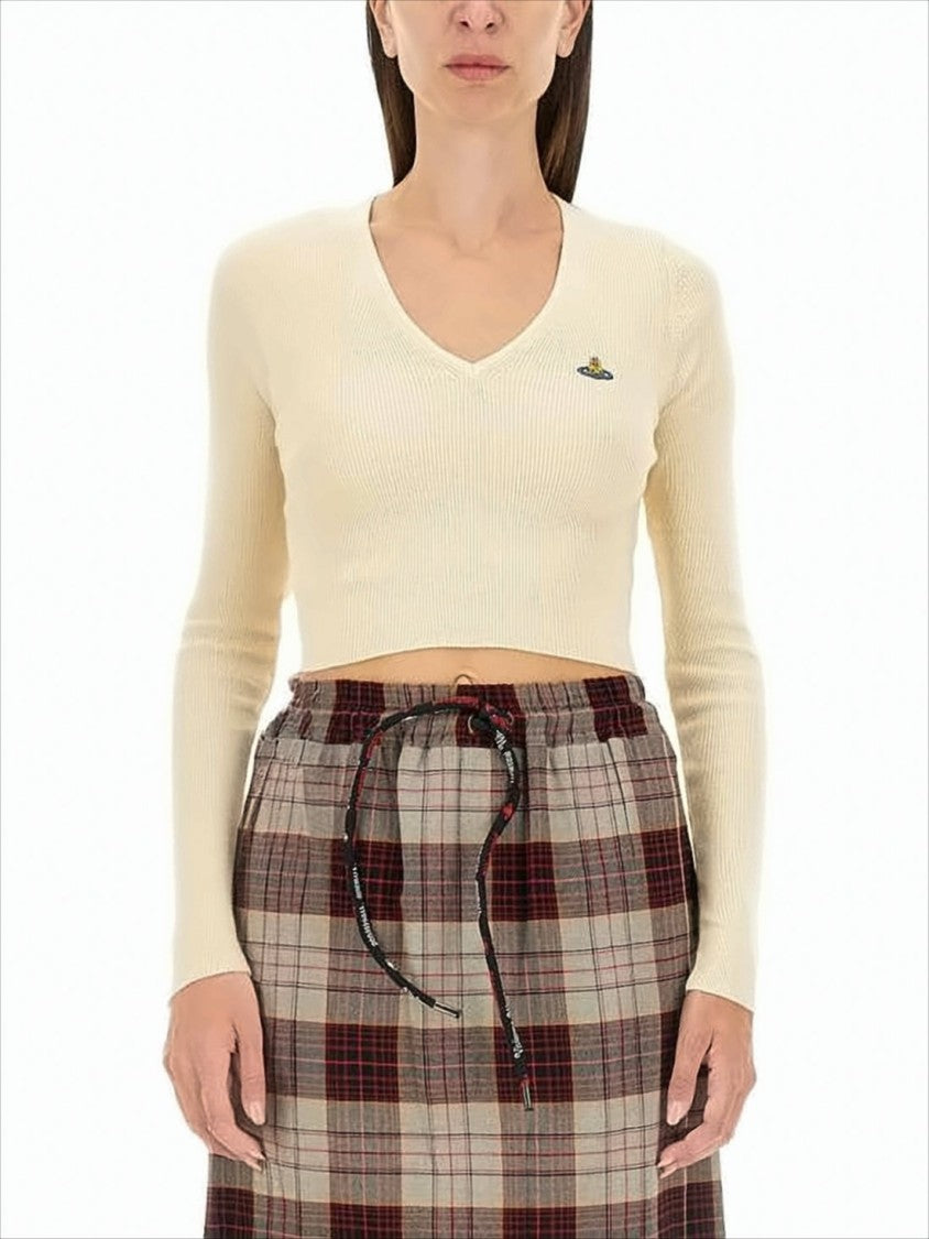 Vivienne Westwood Cropped Ribbed Knit Sweater With Deep V-Neckline
