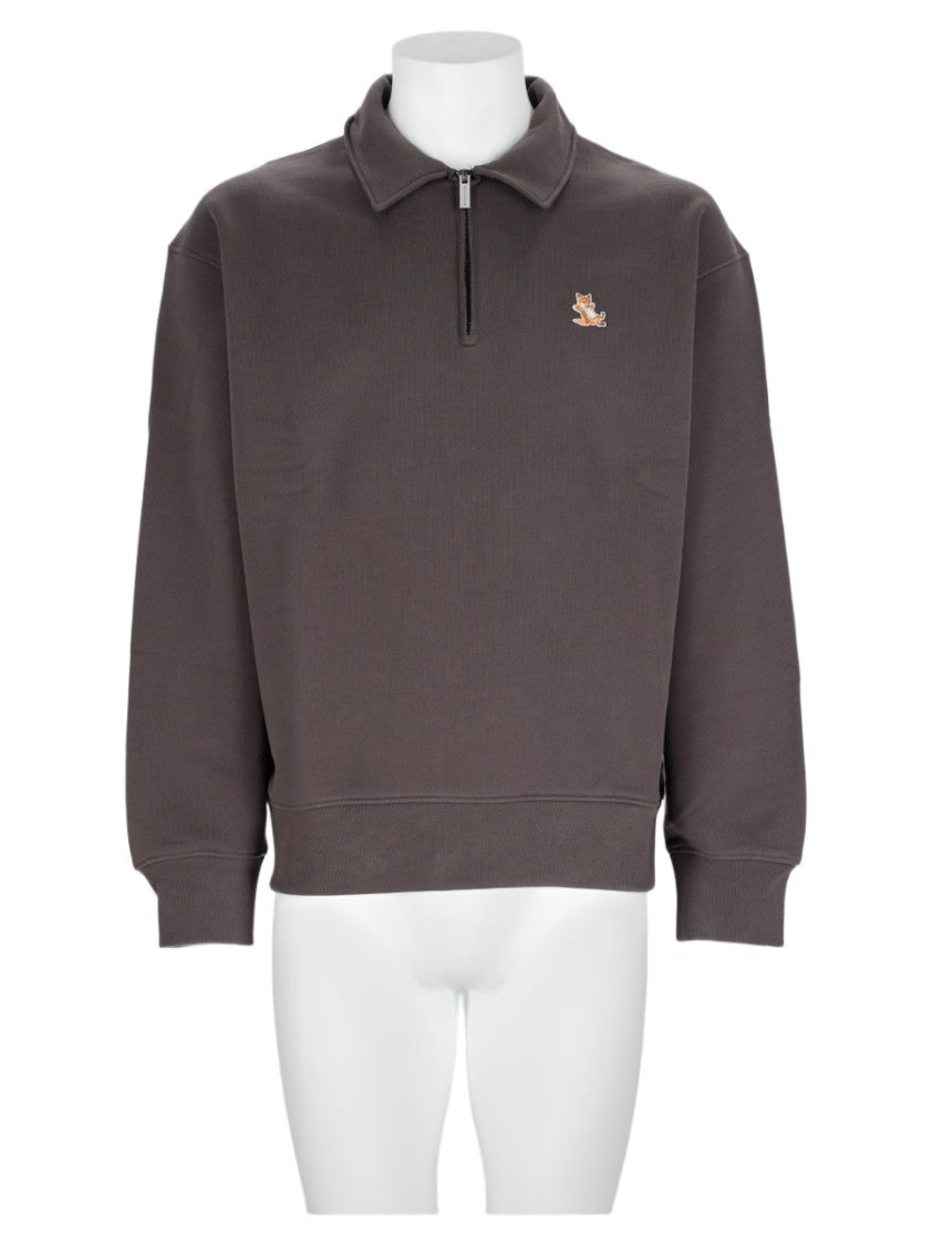 Maison Kitsuné Brown Half-Zip Fox Logo Cotton Sweatshirt