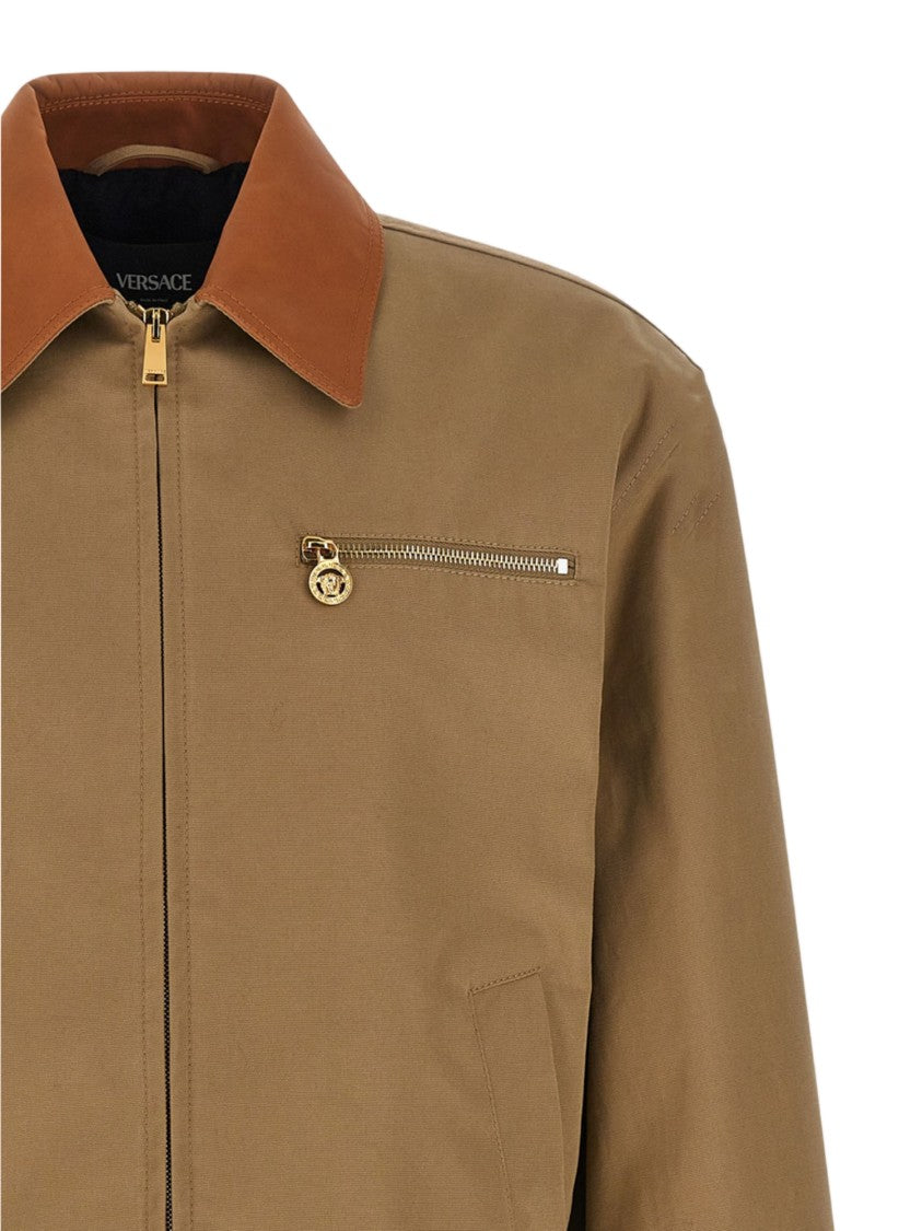 Versace Cotton Canvas Jacket With Leather-Lined Collar