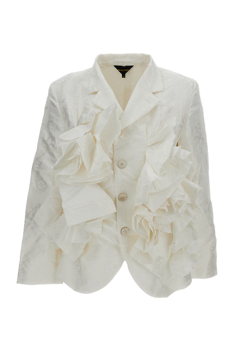 Comme Des Garçons White Structured Damask Ruffles Blazer