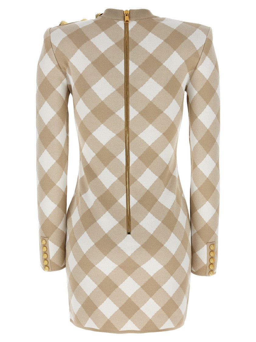 Balmain Vichy Macro Print Mini Dress With Structured Shoulders