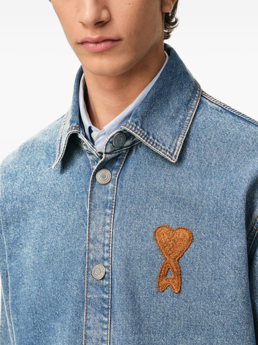 Ami Paris Indigo Denim Shirt With Snap Button Closures And Logo Embroidery