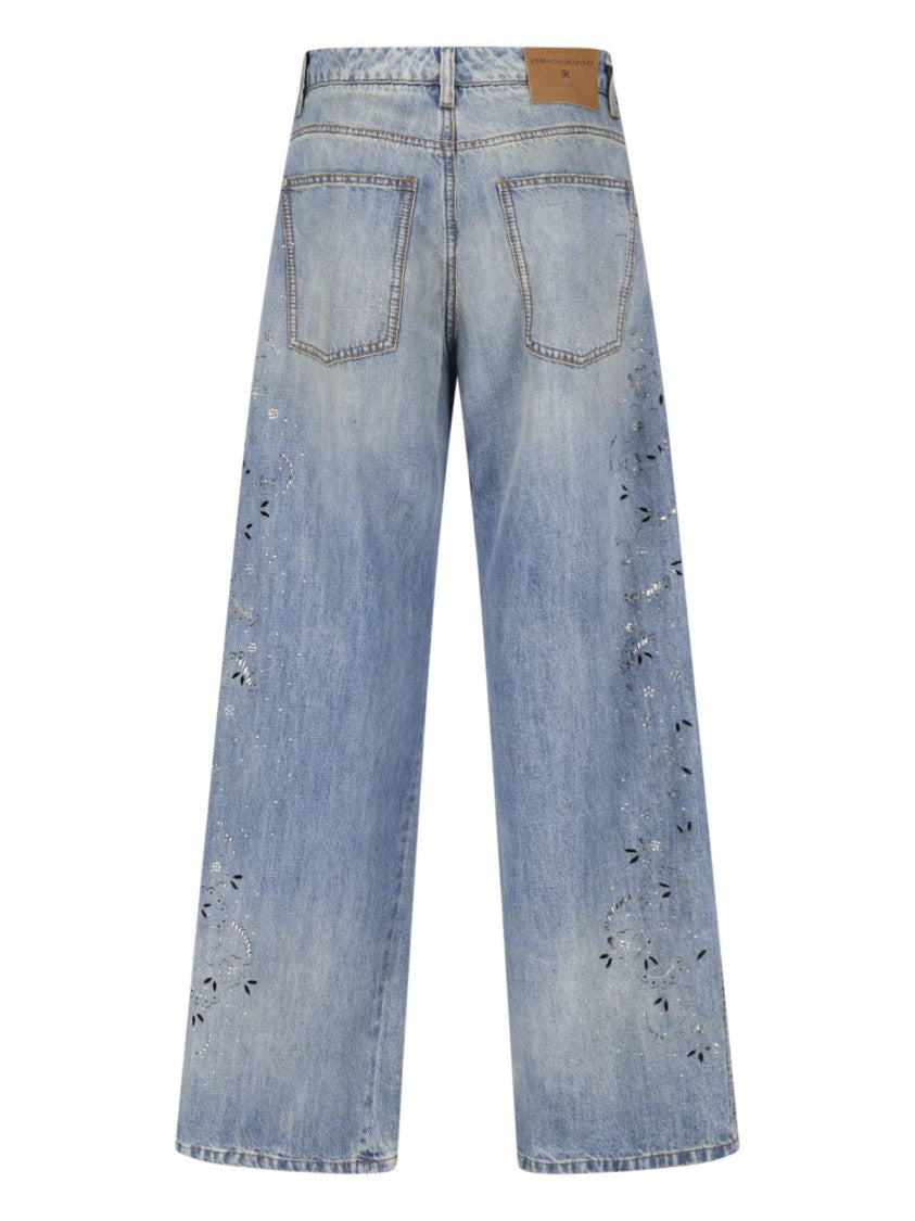 Ermanno Scervino Blue Crystal Stretch Cotton Wide-Leg Jeans
