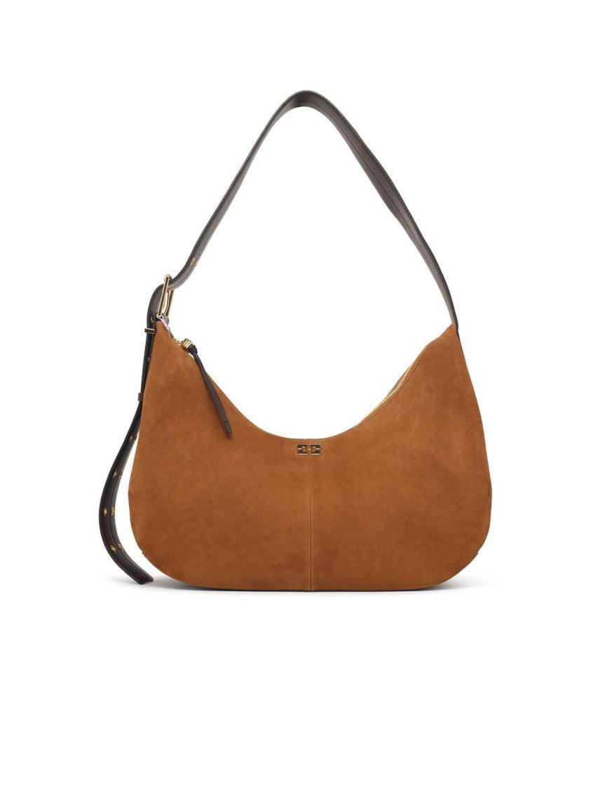Ganni Crescent-Shaped Brown Suede Hobo Bag With Adjustable Strap