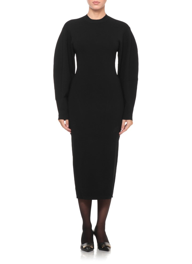 Loulou De Saison Black Puffed Sleeves Elasticated Detail Midi Dress