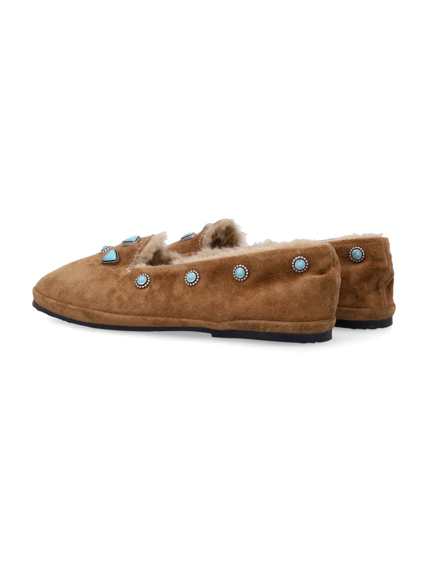 Fortela Suede Friulan Slippers With Turquoise Stone Embellishments