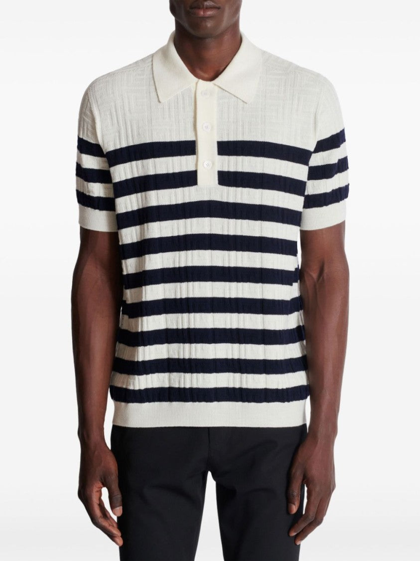 Balmain White Knitted Monogram Virgin Wool Polo Shirt