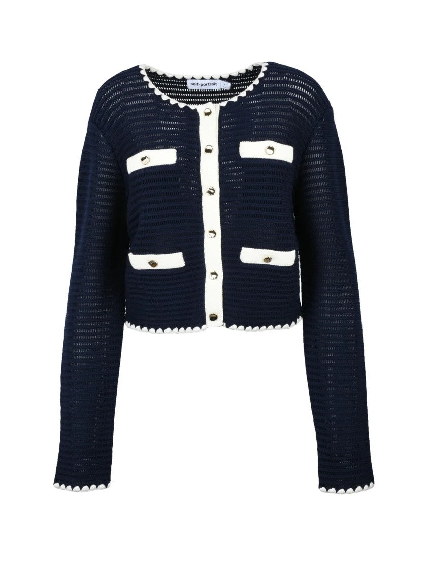 Self-Portrait Short Crewneck Cardigan - Blue