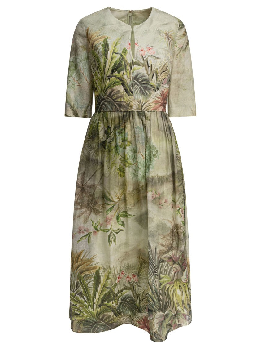 Elie Saab Printed Linen And Silk Midi Dress