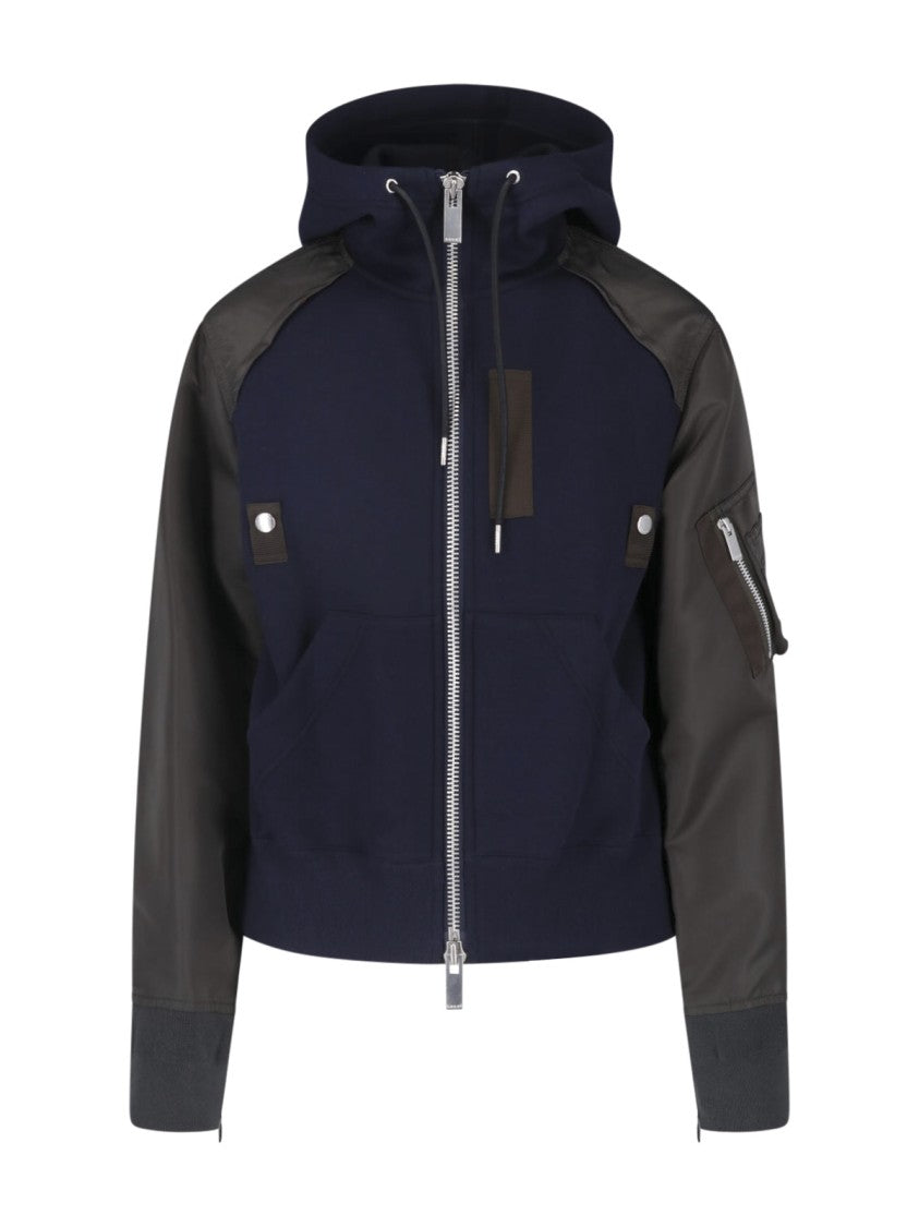 Sacai Blue Hooded Cotton-Blend Technical Zip Jacket