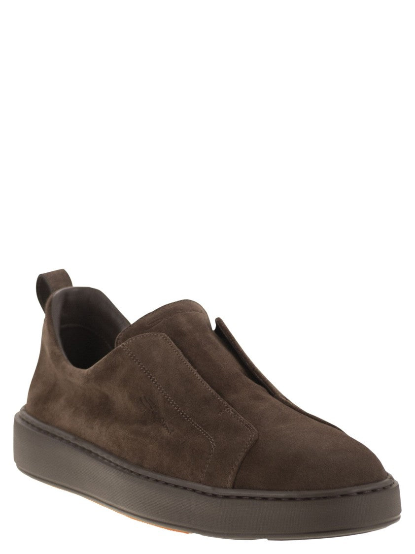 Santoni Suede Slip-On Trainer With Double Buckle Decoration