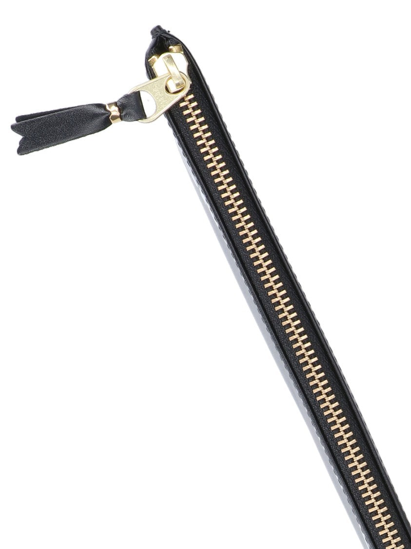Comme Des Garçons Black Leather Pouch Wallet With Logo Print And Gold Accents