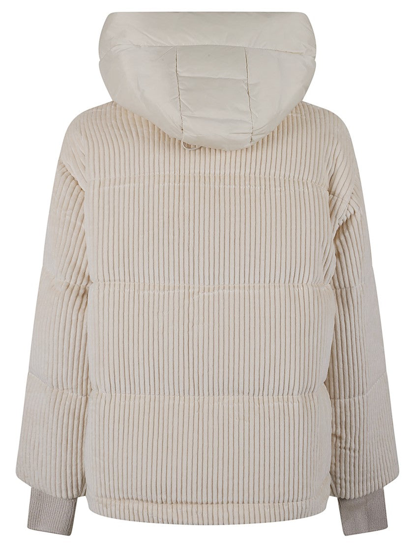 Duno Short Puffer Jacket In Ribbed Cotton Velvet With Detachable Hood