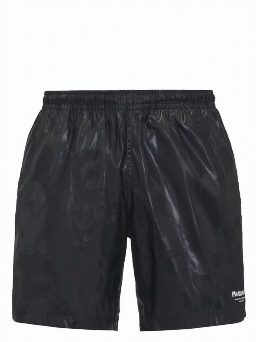 Alexander Mcqueen Shiny Embossed Black Shorts With Elastic Waistband