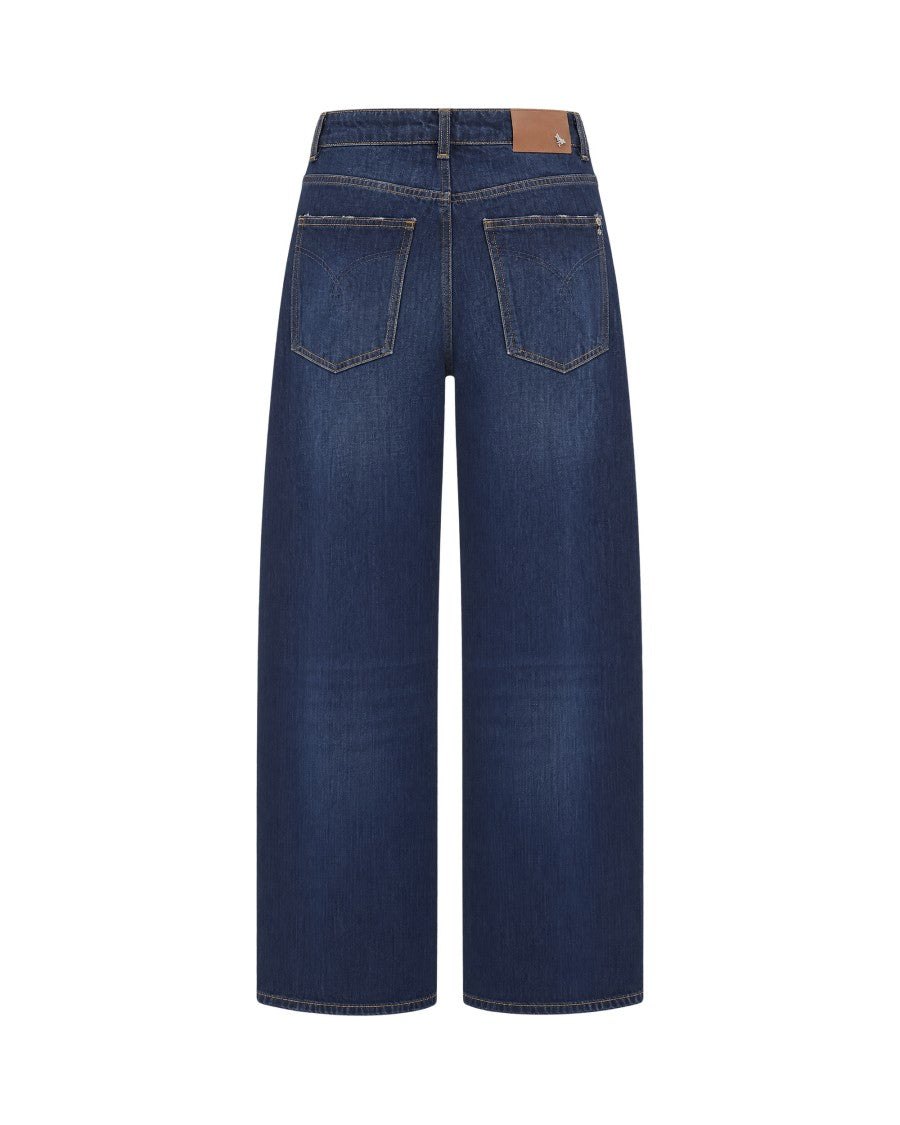 Patrizia Pepe Washed Dark Blue Wide-Leg Distressed Denim Jeans