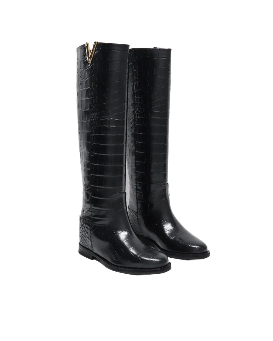 Via Roma 15 Cocco Black Pull-On Gold Detail Leather Boots