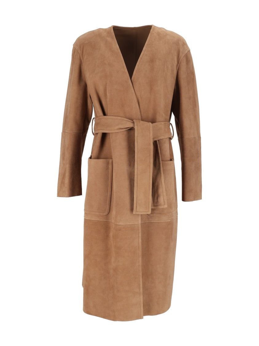 Max Mara Camel Portici Belted Lamb Leather Coat