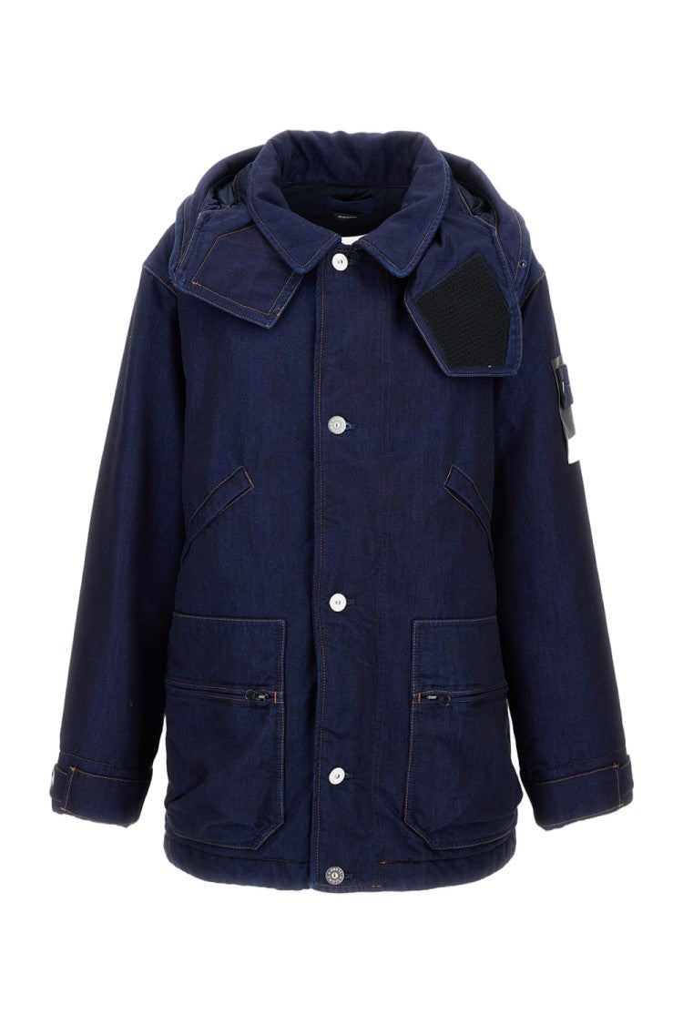Stone Island Dark Blue Hooded Jacket With Button Closure