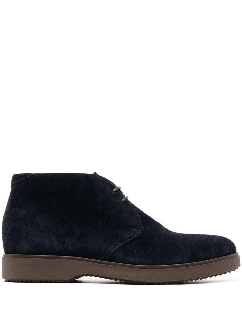 Henderson Deep Blue Suede Lace-Up Ankle Boots With Rubber Sole