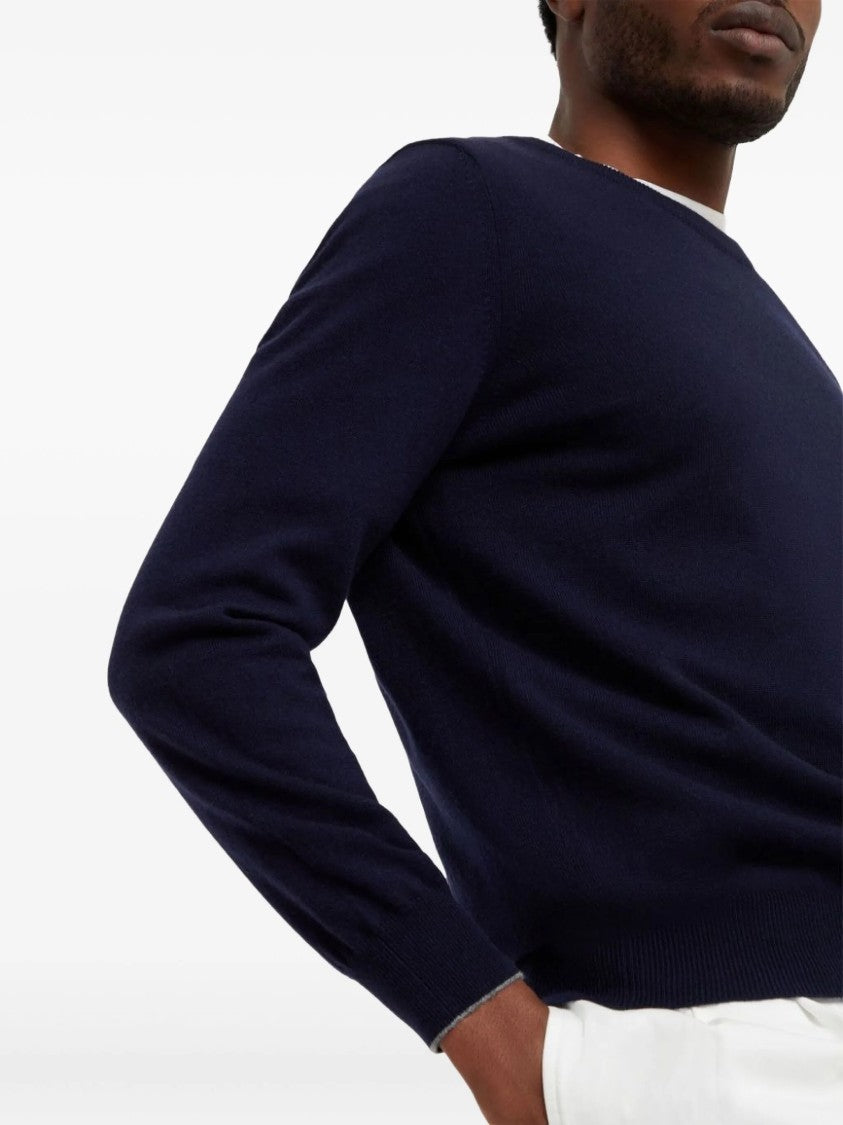 Brunello Cucinelli Deep Blue Cashmere Ribbed Crewneck Sweater