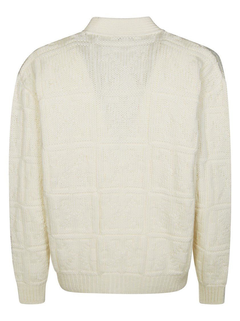 Off-White Textured Knitted Cardigan With V-Neck And Arrow Motif