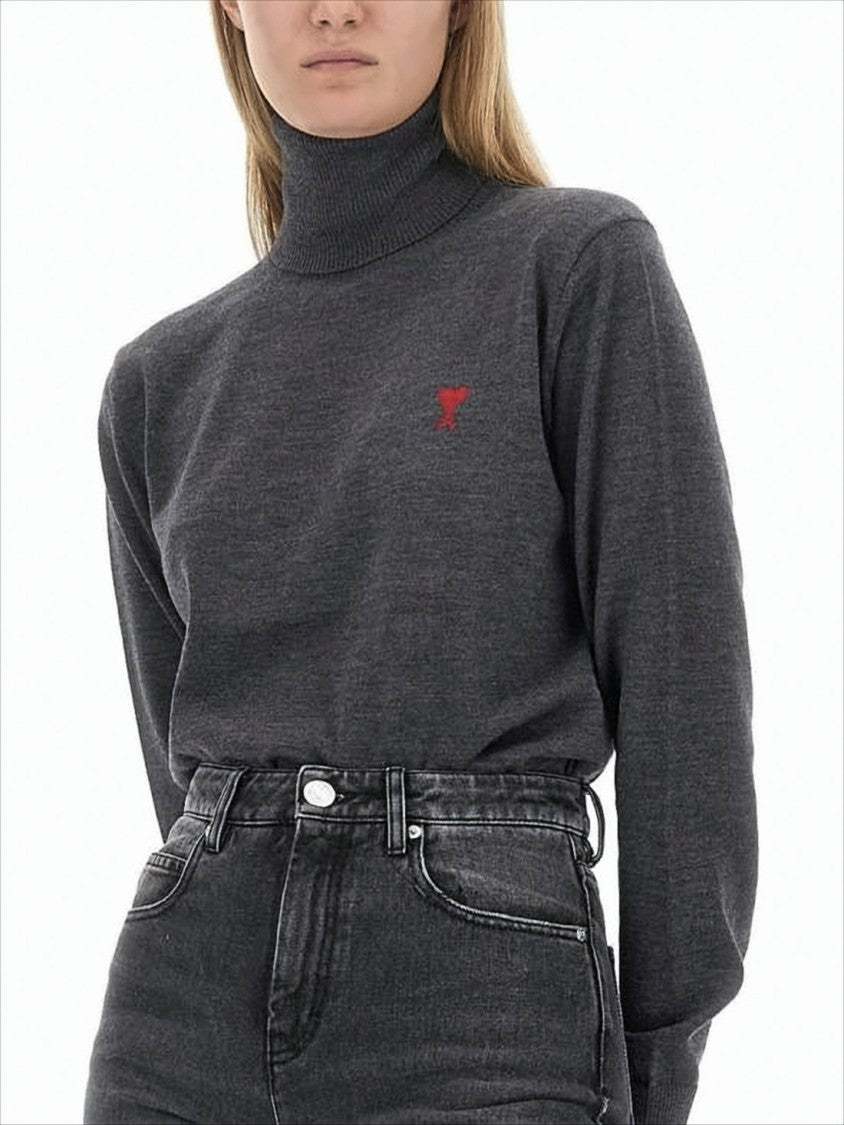 Ami Paris Fitted Merino Wool Turtleneck Sweater With Ribbed Cuffs
