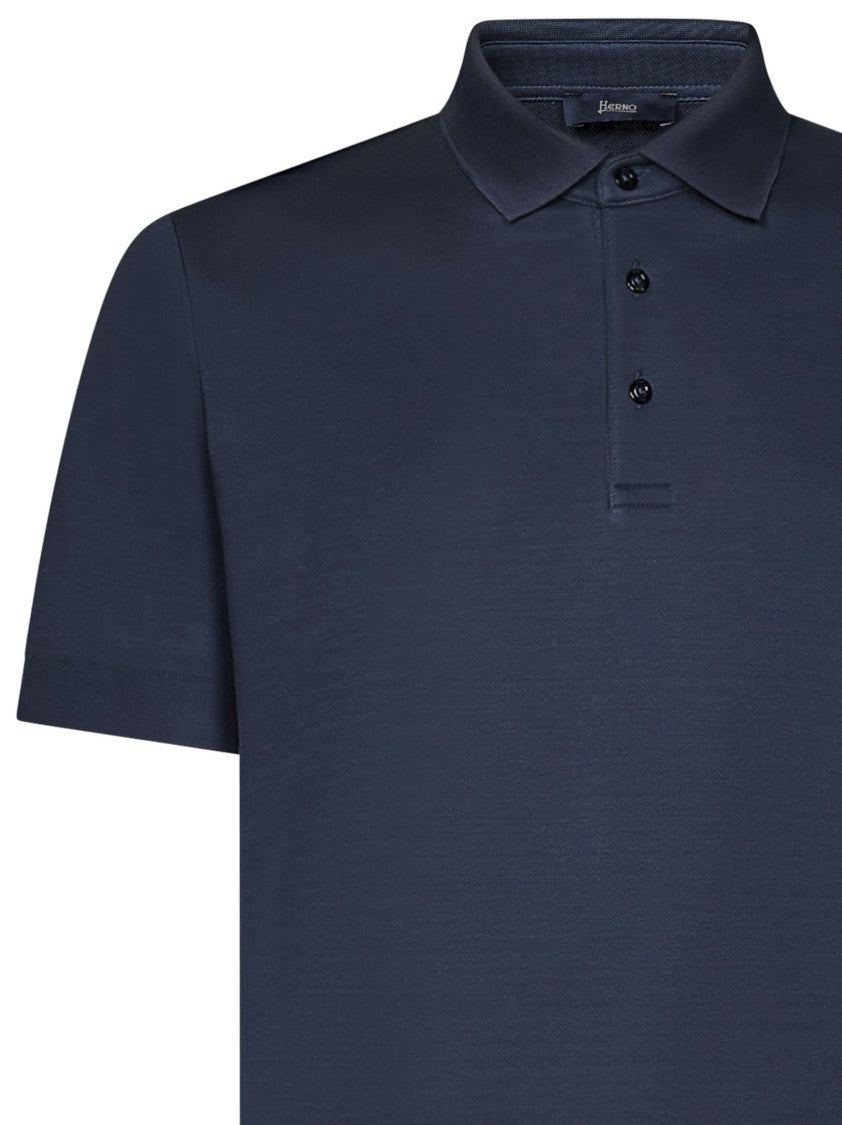 Herno Navy Blue Tricot-Effect Cotton Piqué Polo Shirt