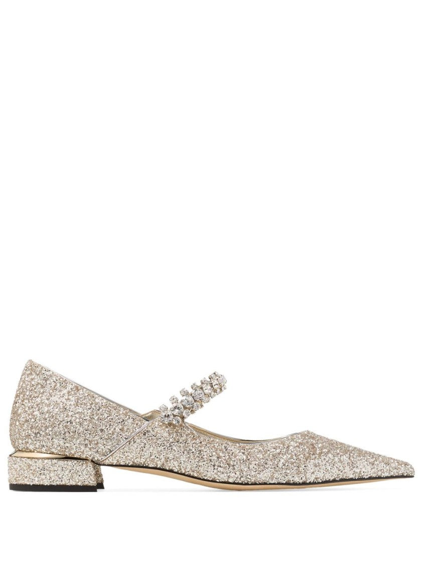 Jimmy Choo Pointed-Toe Glitter Flats With Crystal Embellished Strap