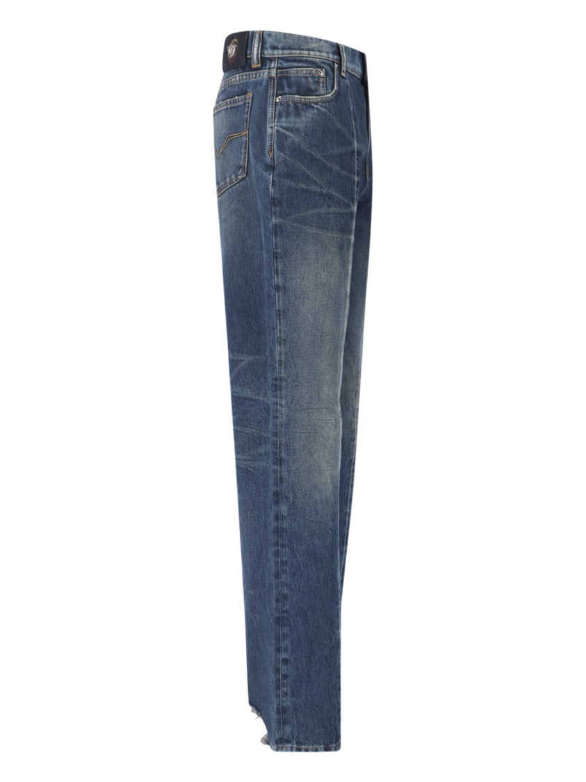 Versace Blue Wide-Leg Distressed Denim Jeans