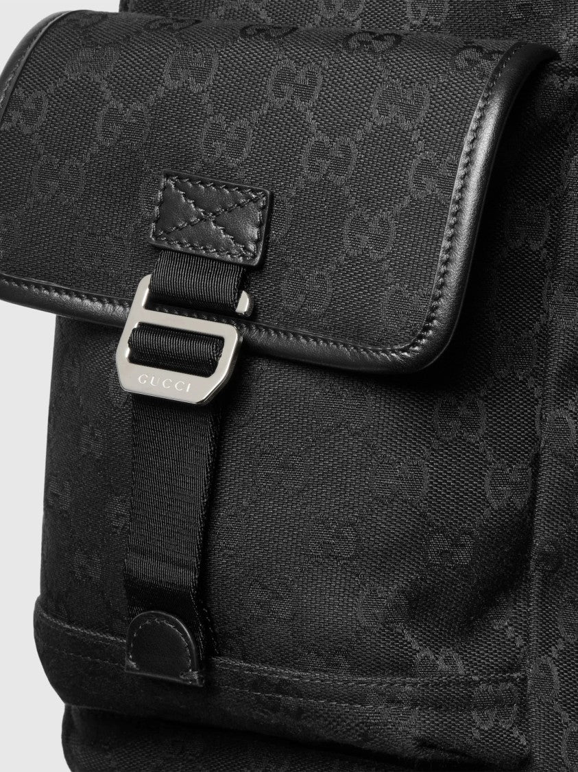 Gucci Black Monogram Flap Top Buckle Backpack