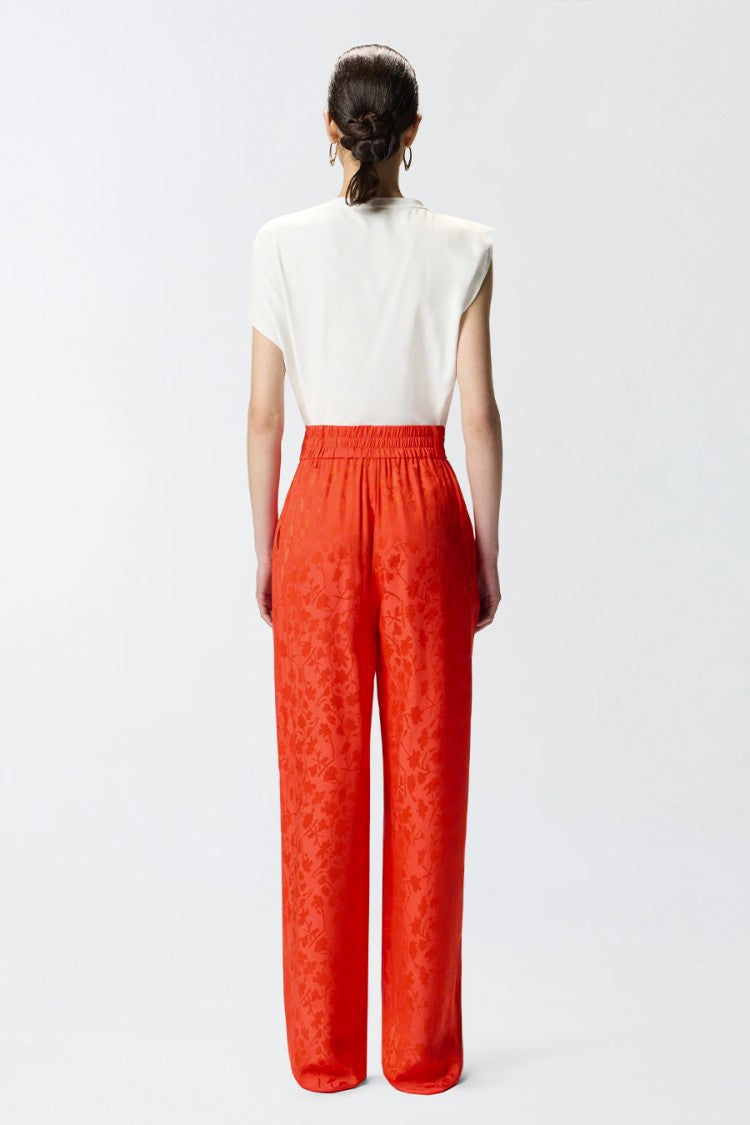 Pinko Orange Bedonia Jacquard Floral Smocked Waist Viscose-Blend Flared Pants