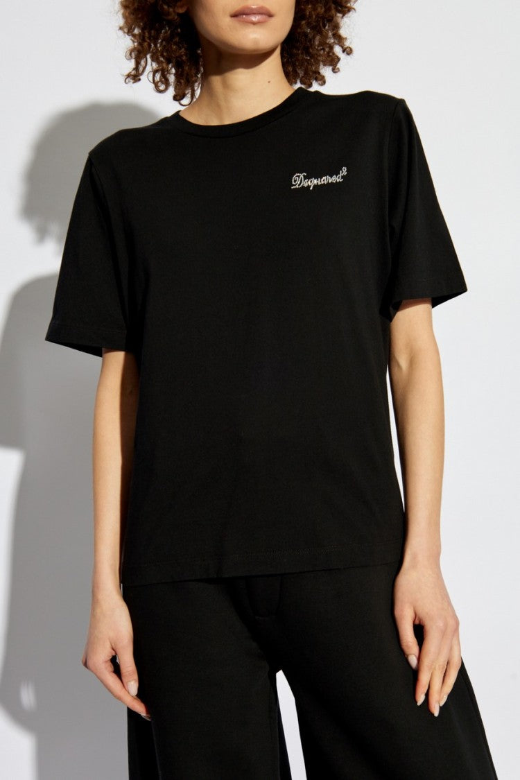 Dsquared2 Black Cotton Logo-Embroidered T-Shirt