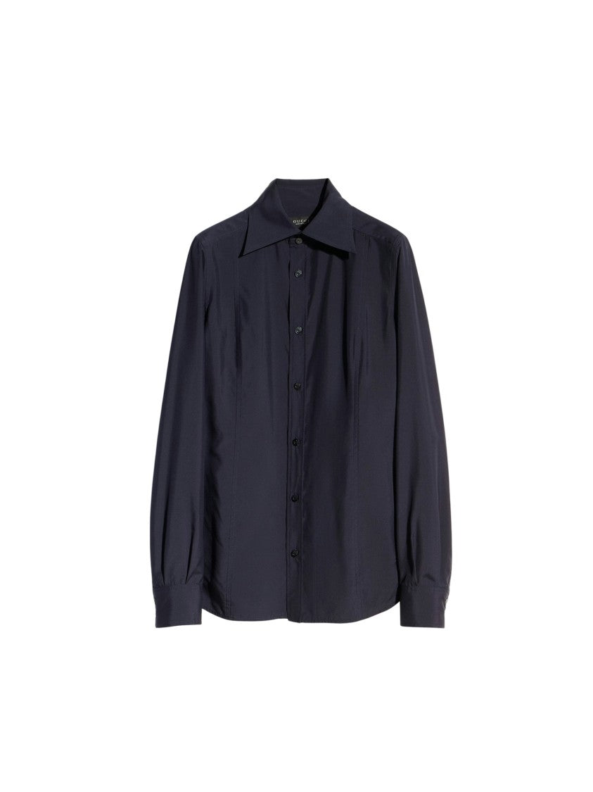 Gucci Dark Blue Silk Poplin Point-Collar Shirt