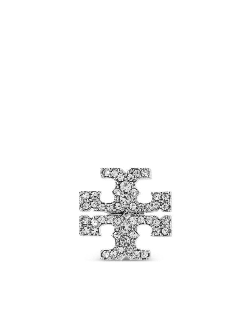 Tory Burch Silver-Tone Double T Motif Stud Earrings With Sparkling Crystals