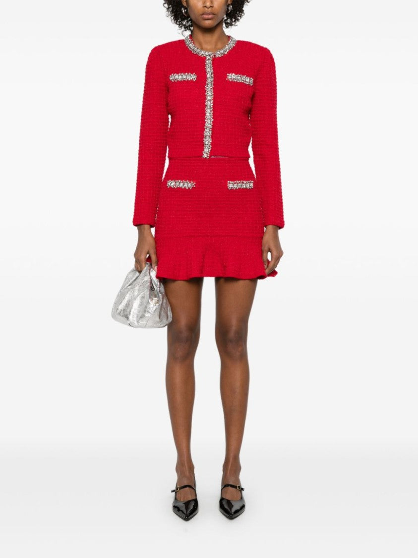 Self-Portrait Textured Flared Red Skirt With Decorative Embellishments