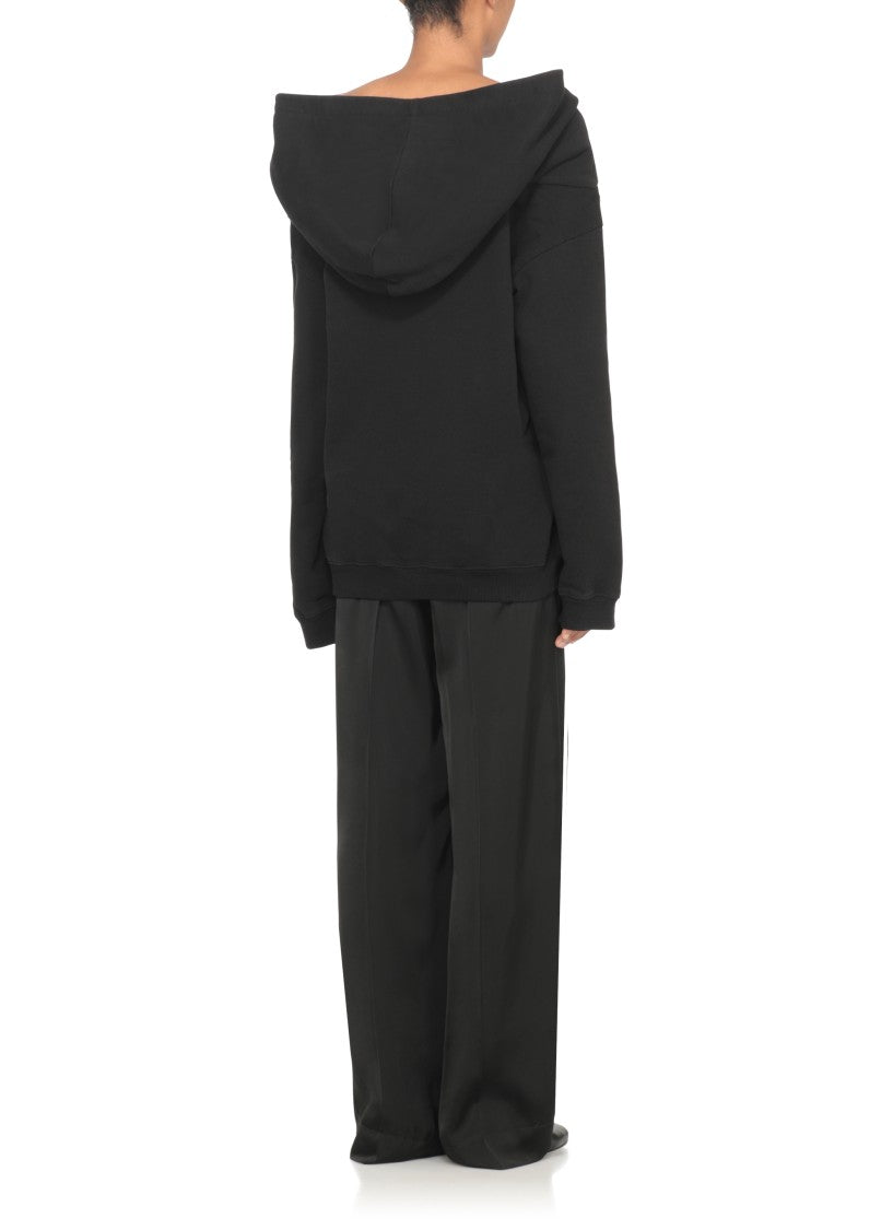 Mm6 By Maison Margiela Off-Shoulder Black Cotton Hoodie With Front Kangaroo Pocket