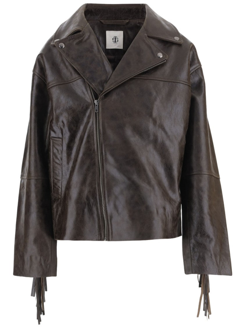 The Garment Fringed Brown Leather Jacket With Asymmetrical Zipper