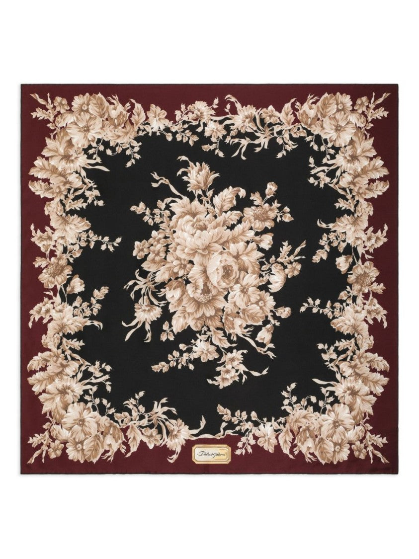 Dolce & Gabbana Floral Silk Scarf With Burgundy Border