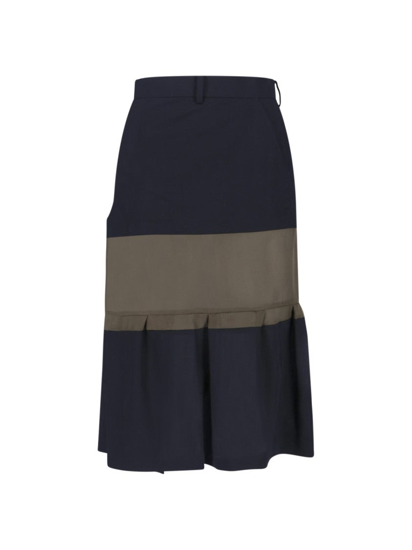 Sacai Black Panel Design Wool Midi Skirt