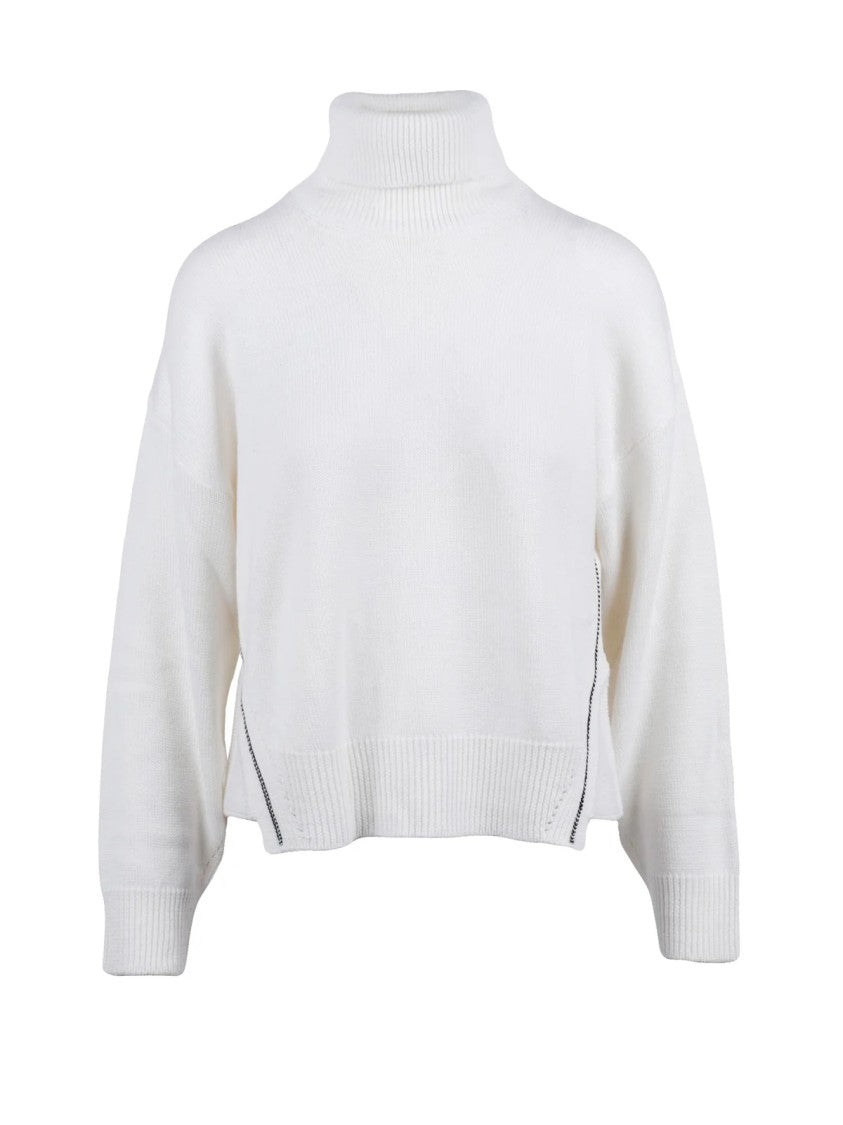 Alpha Studio Boxy White Turtleneck Sweater With Ribbed Detailing
