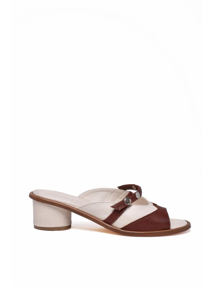 Kudeta White Brown Open-Toe Strap Leather Mules