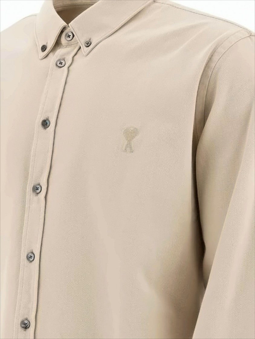 Ami Paris Long-Sleeve Button-Down Shirt With Curved Hem And Embroidered Logo
