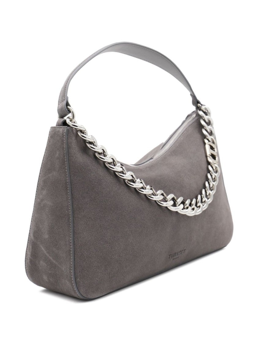 Twin-Set Textured Grey Bag With Metallic Chain Strap