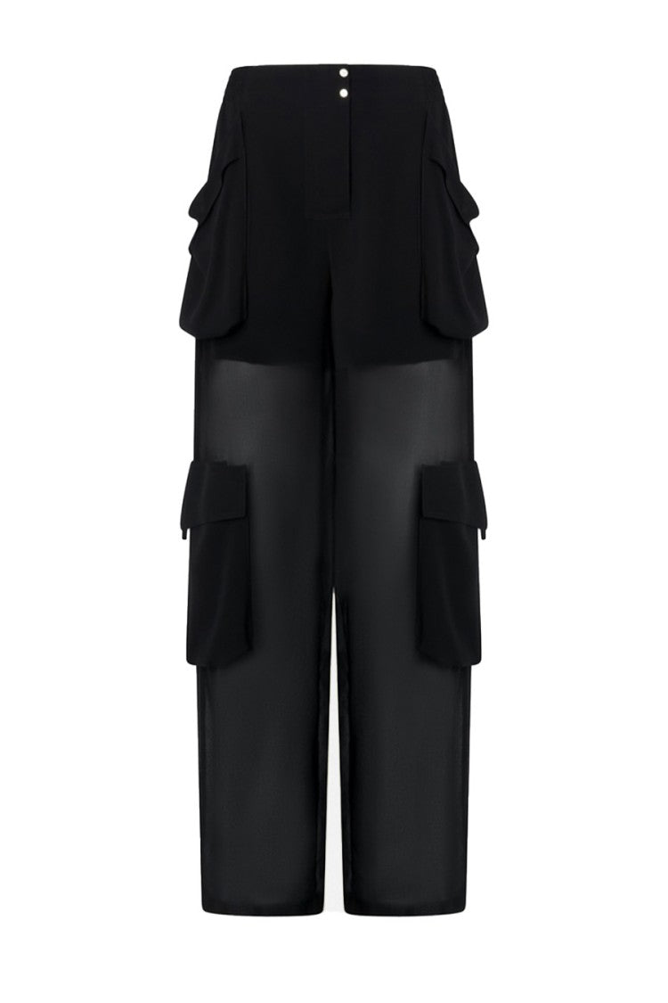 Pinko Black Polyester Sheer-Panel Cargo Pants