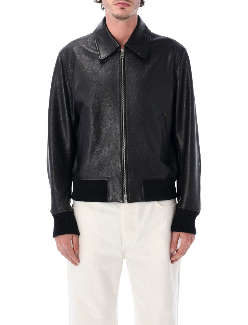 Ami Paris Smooth Leather Ribbed Accent Bomber Jacket